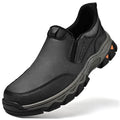 Men's dark brown casual leather-look shoes with round toe and flat rubber sole.