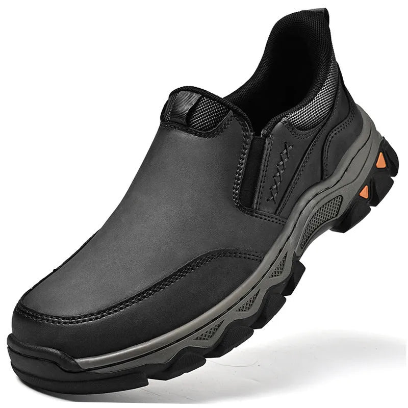 Men's dark brown casual leather-look shoes with round toe and flat rubber sole.