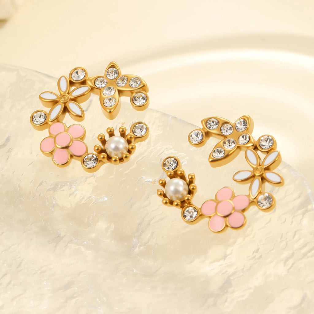 Colourful flower petal stud earrings with electroplated finish and stainless steel construction