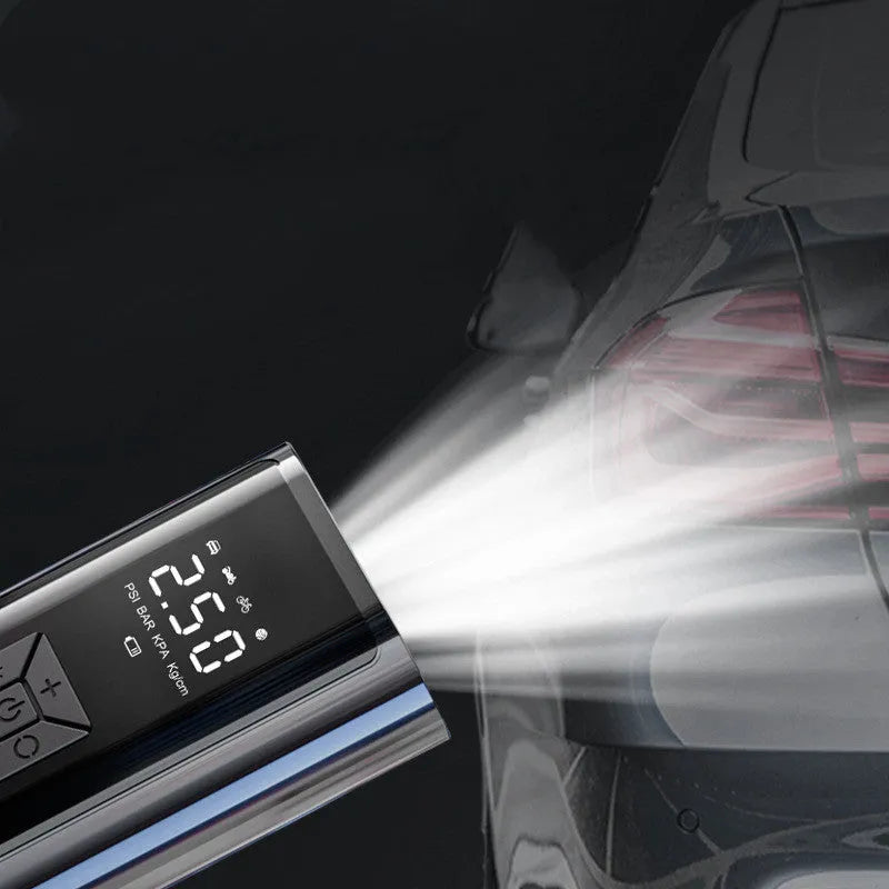 Portable wireless digital display car tire pump with power bank functionality and recoil hose