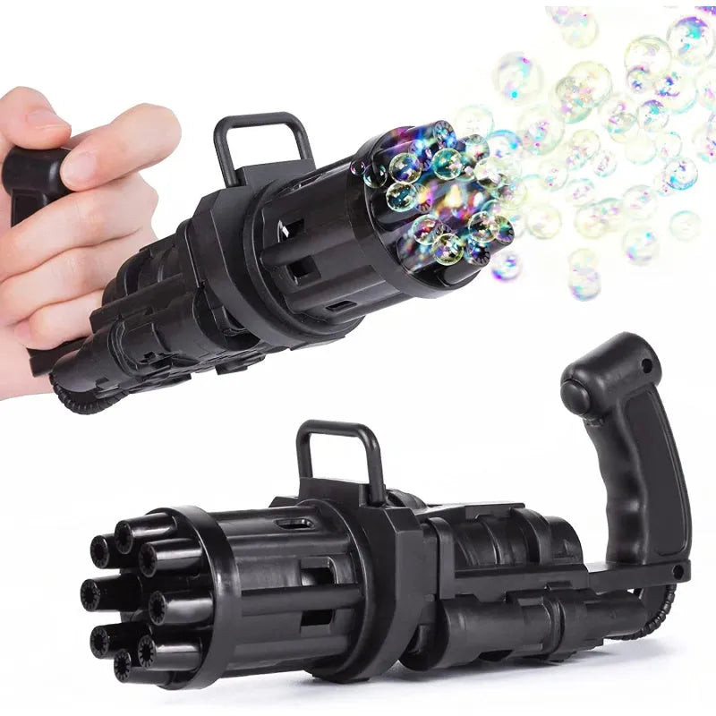 Kids handheld bubble machine gun toy in pink, gold, or black colours with removable bubble head.