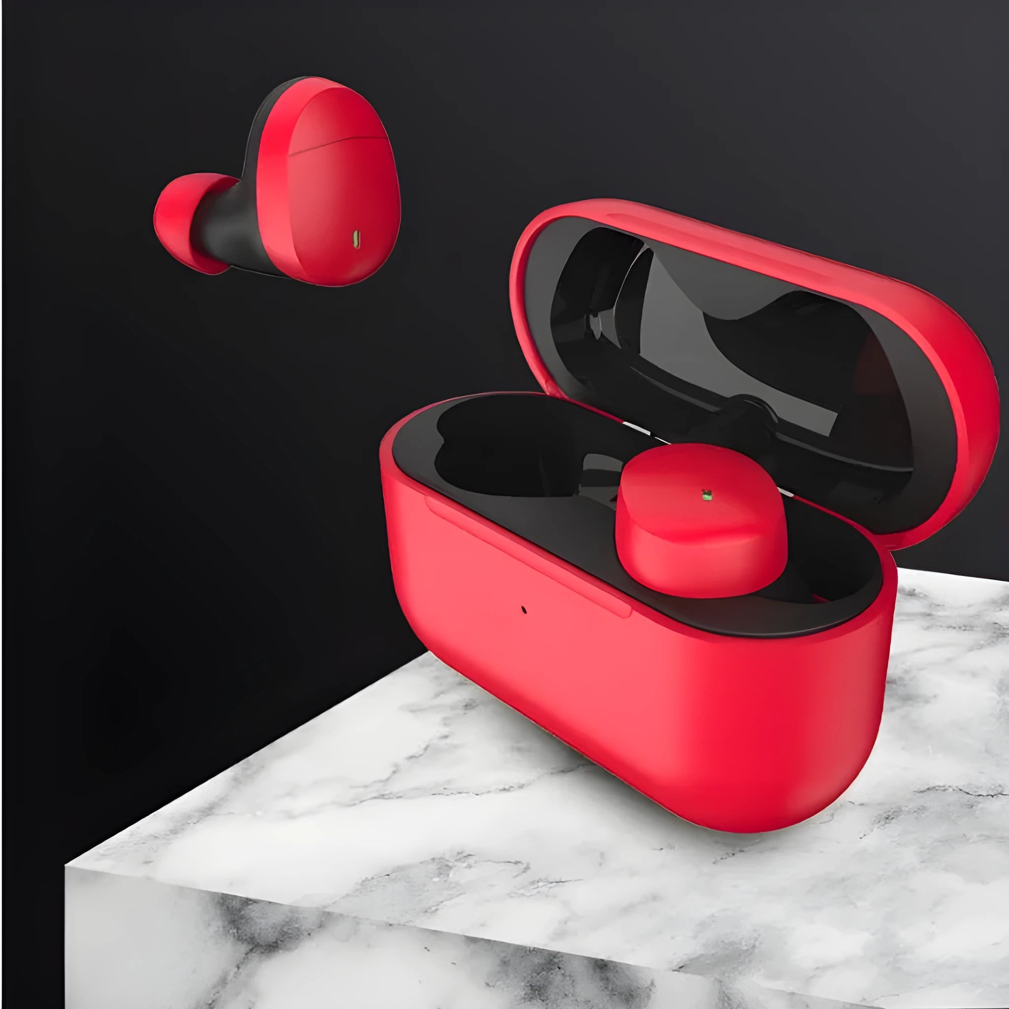 Flame red Qualcomm TWS 3040 wireless Bluetooth earbuds with charging case.