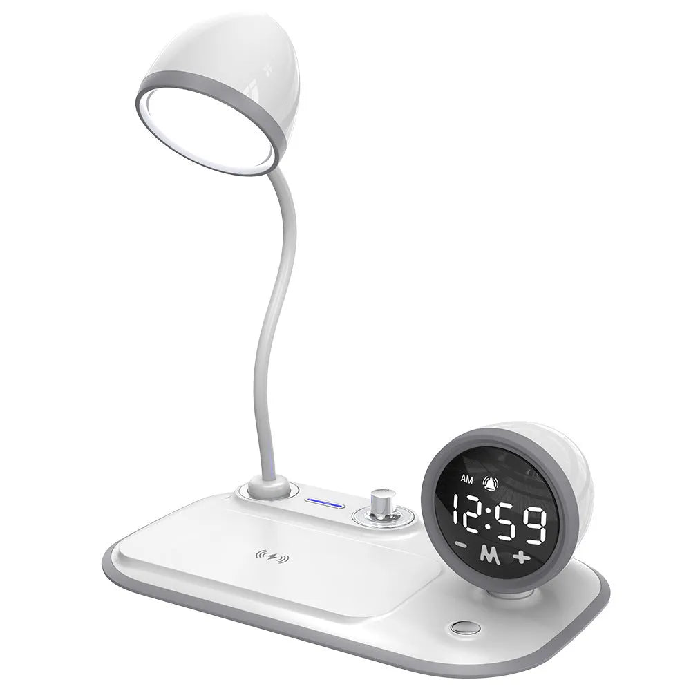 White three-in-one desk lamp with wireless charging pad, digital clock, and broad LED light panel.