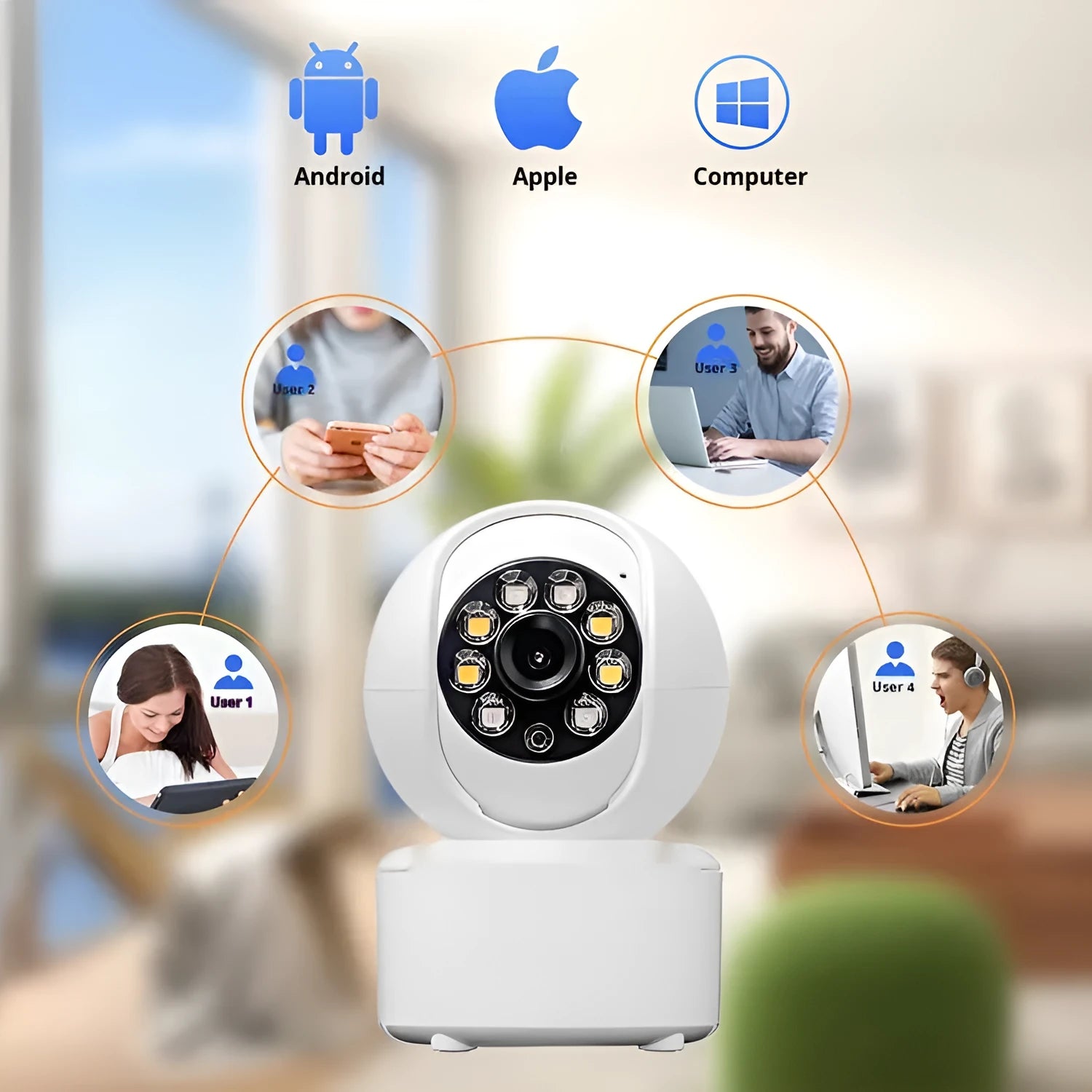 Ceiling-mounted indoor security camera with dual lights, shown in a white ABS plastic housing.