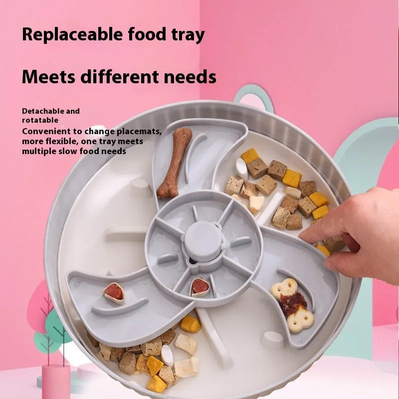 Pet food basin with rotating game board and anti-choke silicone pad in various colours with slow food mat patterns