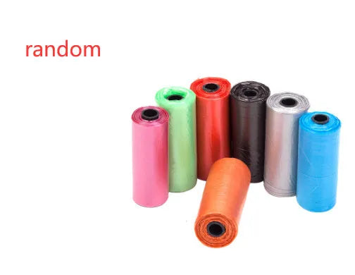 Roll of coloured disposable pet waste bags showing black, blue, green, light blue, pink, and purple options.