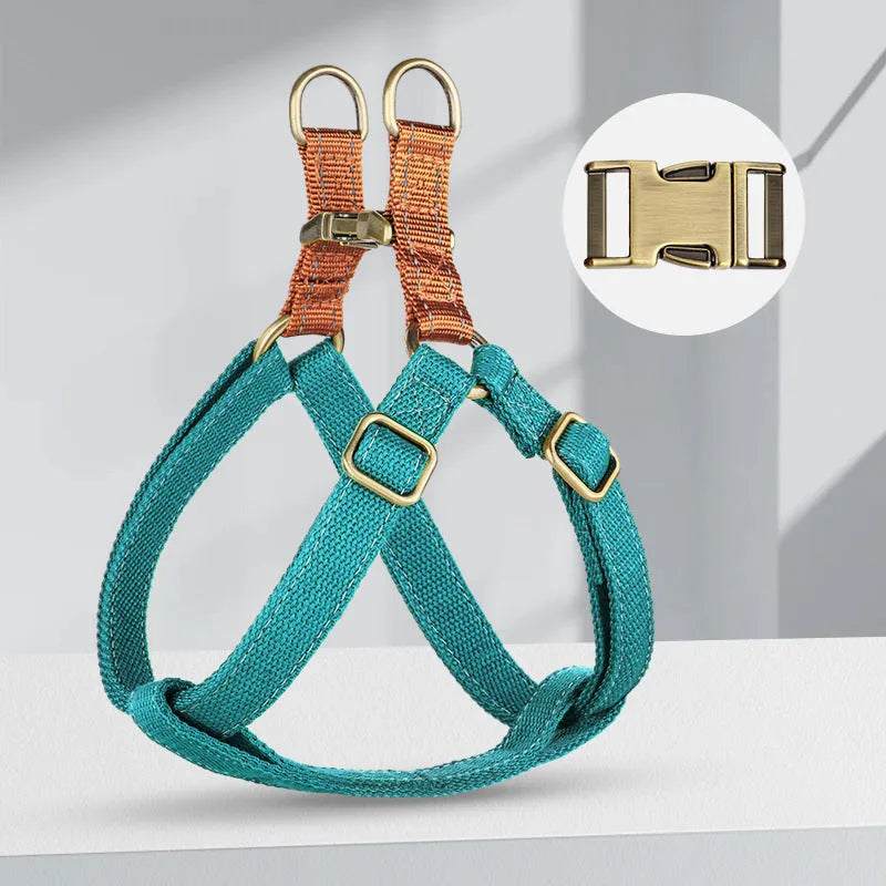 Brown vest-style anti-loss dog leash with cotton and nylon construction and alloy fastener