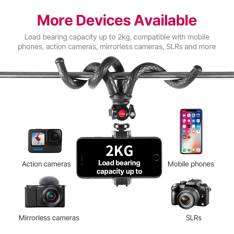 Black octopus-style mobile phone tripod with telescopic extension and attached phone clip
