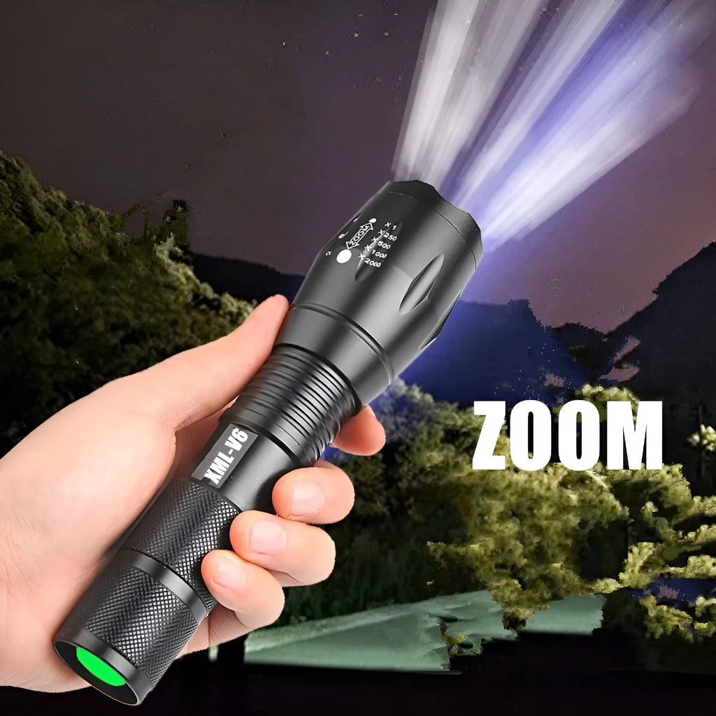 Black aluminium alloy zoomable LED flashlight with adjustable focus head for outdoor use.