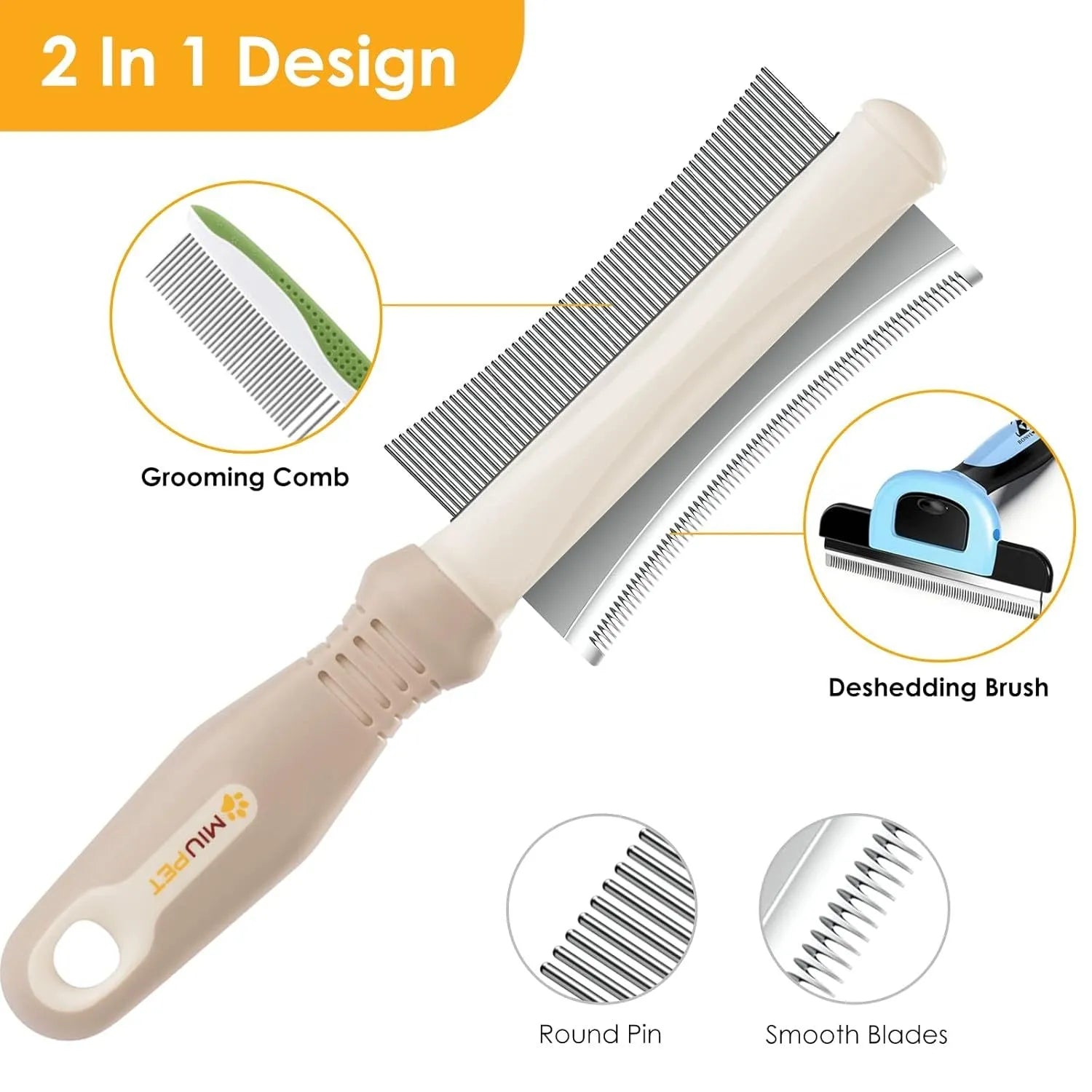 White 2-in-1 professional pet grooming brush with curved comb and deshedding brush sides on a textured handle.
