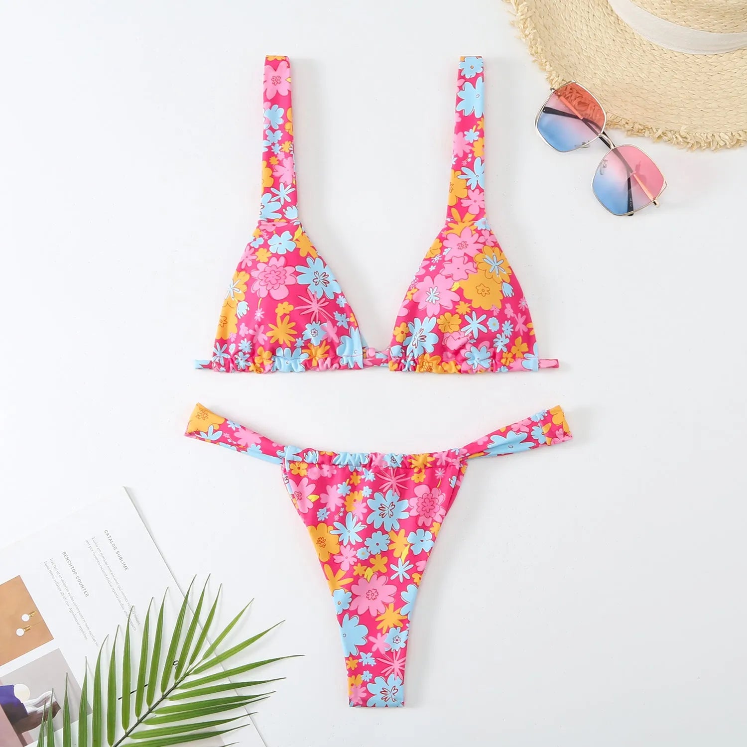 Women's floral print polyester bikini swimsuit in blue colour