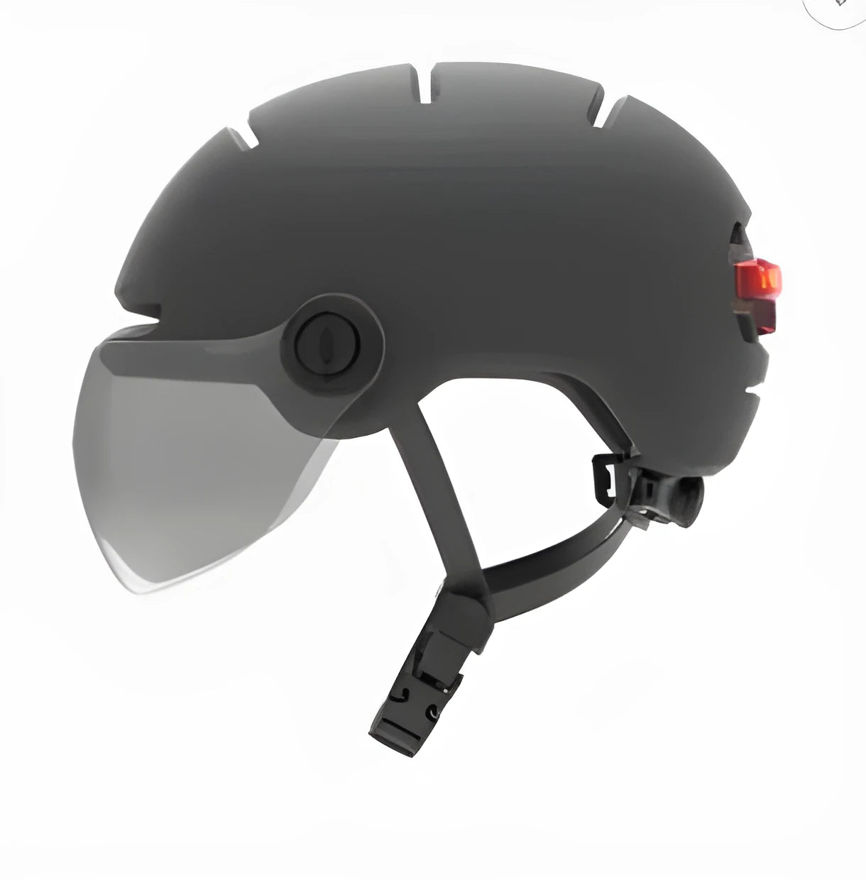 Cycling helmet with built-in red LED brake tail light on the back, shown in sizes M and L.