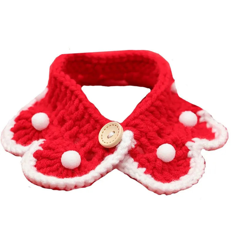 Cartoon pattern wool knitted collar for small pet cat or dog, shown in milk cotton yarn.