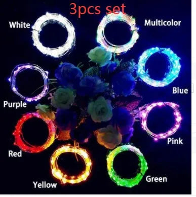 Copper wire LED string light with 20 bulbs and a white plastic bottle stopper for decoration.