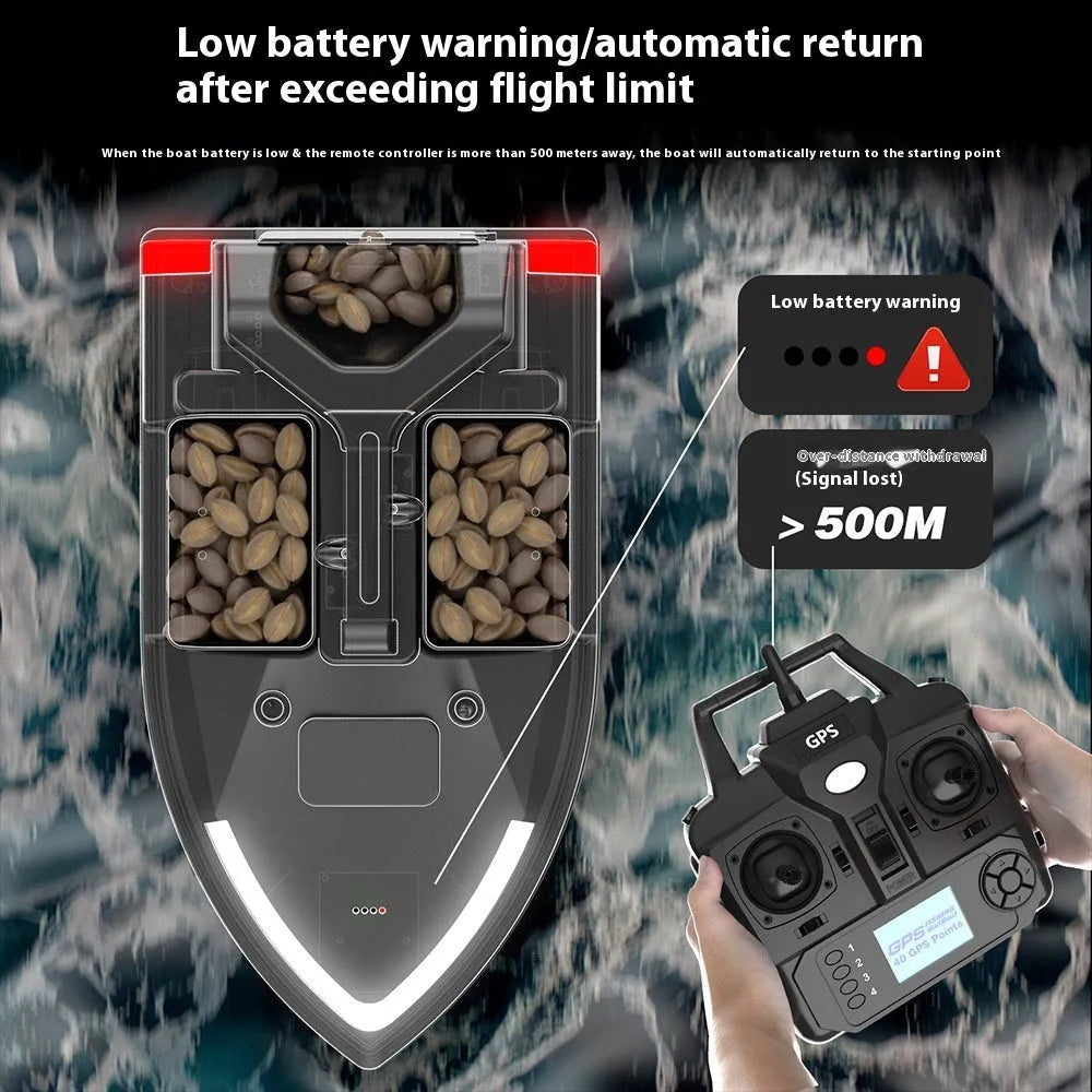 GPS remote control fishing boat in luminous yellow with remote control unit and carrying bag