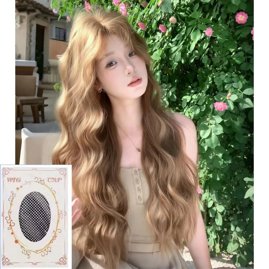 Brown synthetic curly wig of medium length with an attached hair net.