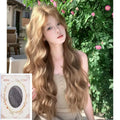 Brown synthetic curly wig of medium length with an attached hair net.