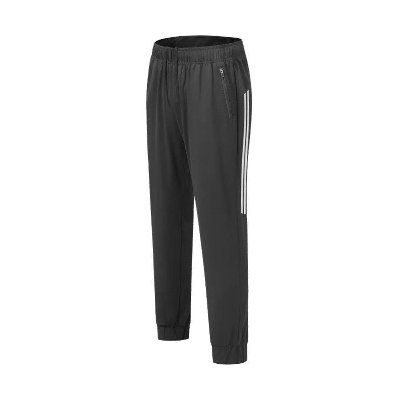 Men's black running trousers with mid-waist design and full-length athletic cut