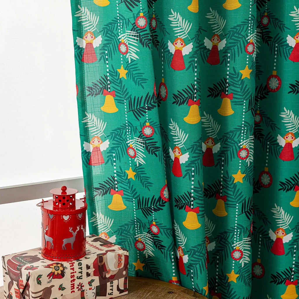 Green and red Christmas curtain with snowman and angel cartoon print, American style 1 metre window decoration