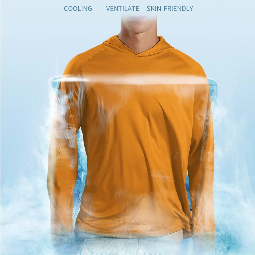 Man wearing a solid colour long sleeve hooded top for outdoor fishing or hiking.