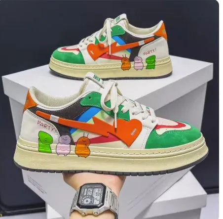 Casual lace-up sneakers in rainbow, white blue, and white rice colours with wear-resistant soles