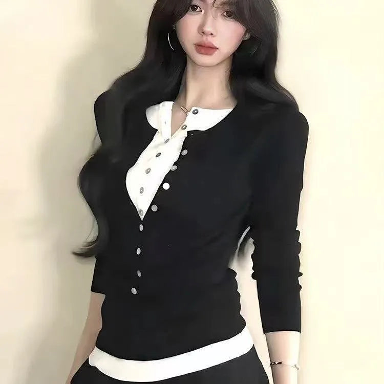 Women's black fake two pieces knitted bottoming shirt slim fit long sleeves