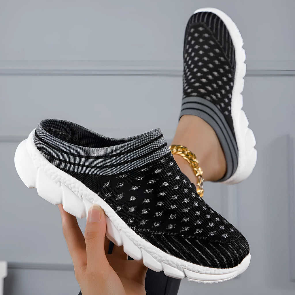 Women's black striped Flyknit socks semi slipper shoes with hollowed-out design and viscose sole.