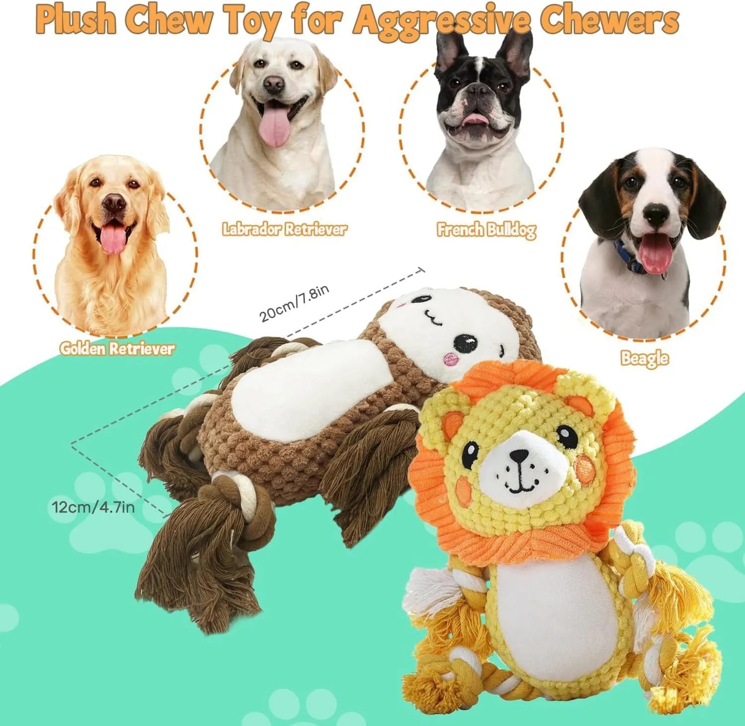 Monkey and lion plush squeaky dog toys bundle with stuffing-free construction for medium large dogs