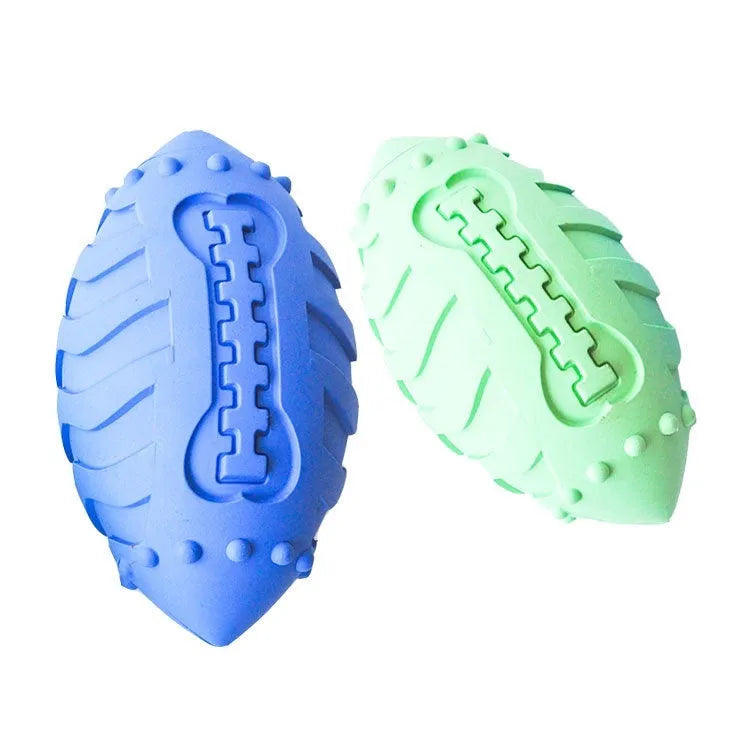 Bite-resistant light green rubber rugby ball dog toy for teeth cleaning and training