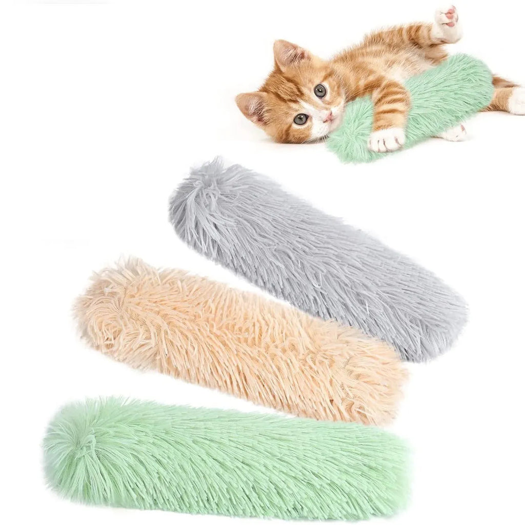 Colourful cat plush toy pillow in blue, green, pink, or white, showing soft texture and 27cm length.