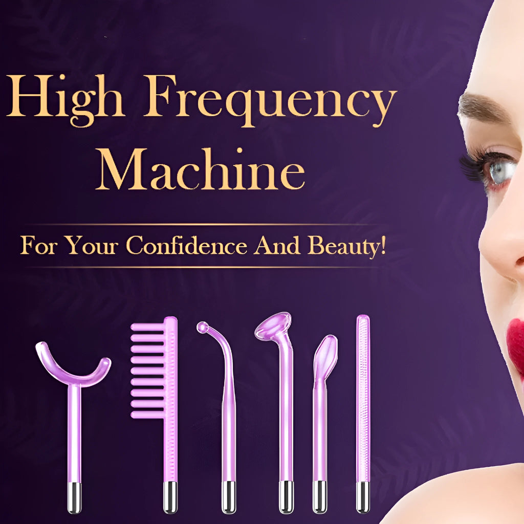 Purple high-frequency electrotherapy rod with six accessory heads for professional skin rejuvenation treatments