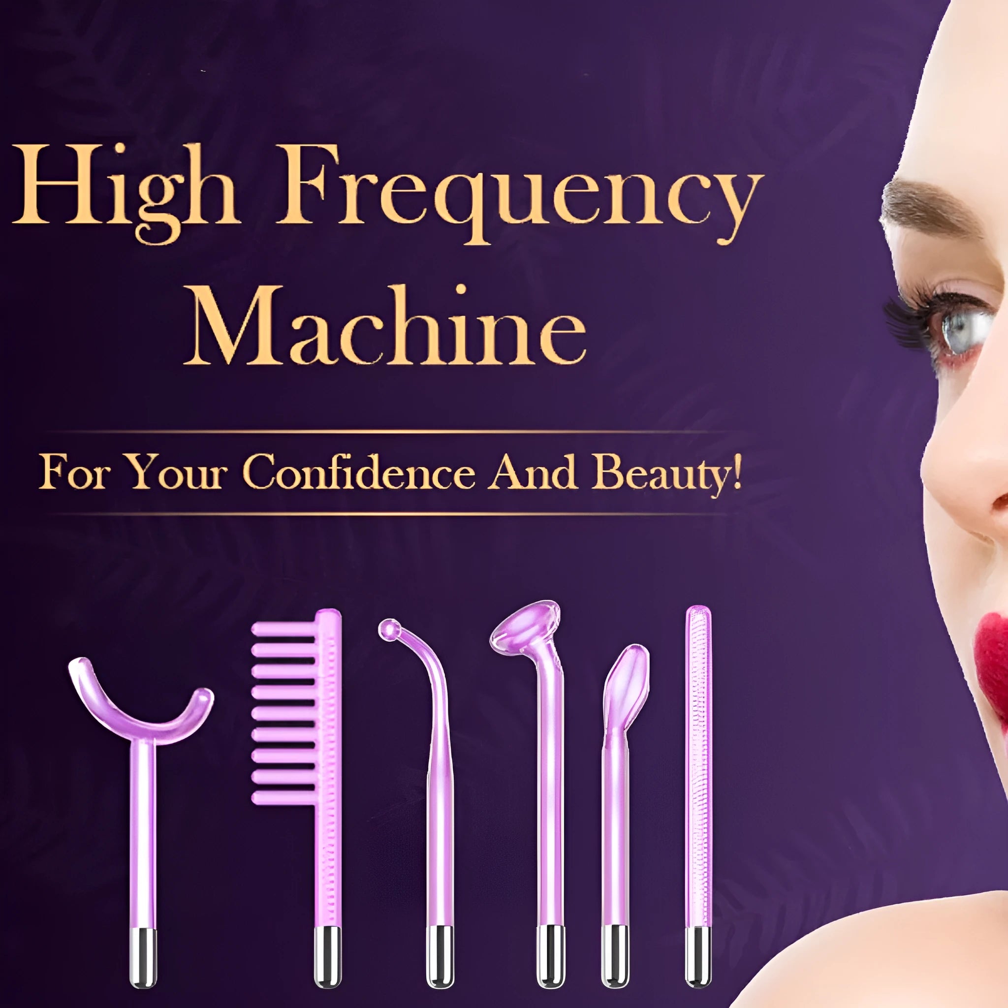 Purple high-frequency electrotherapy rod with six accessory heads for professional skin rejuvenation treatments