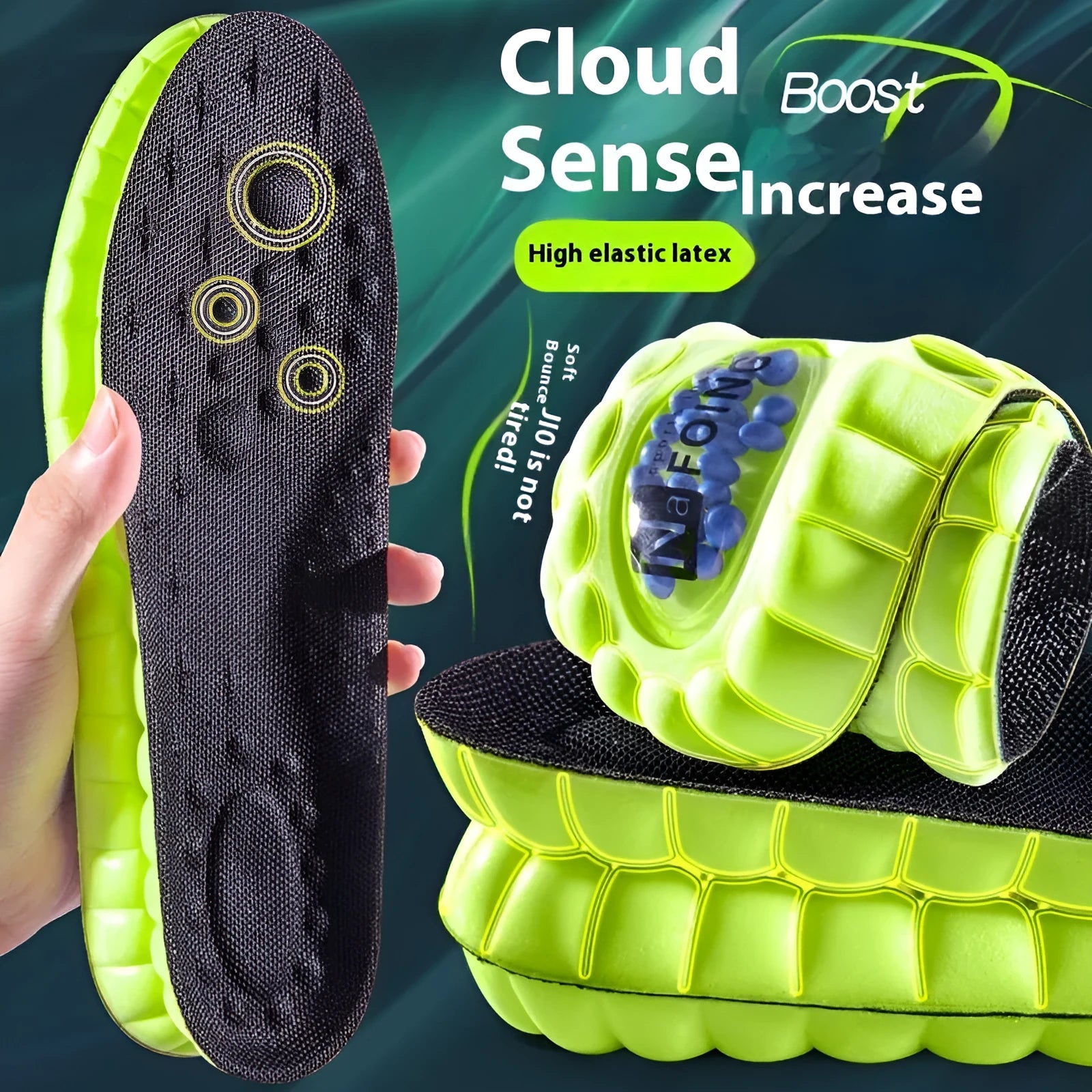 Green PU sports insoles with air cushion shock absorption and argy wormwood infusion on a white background.