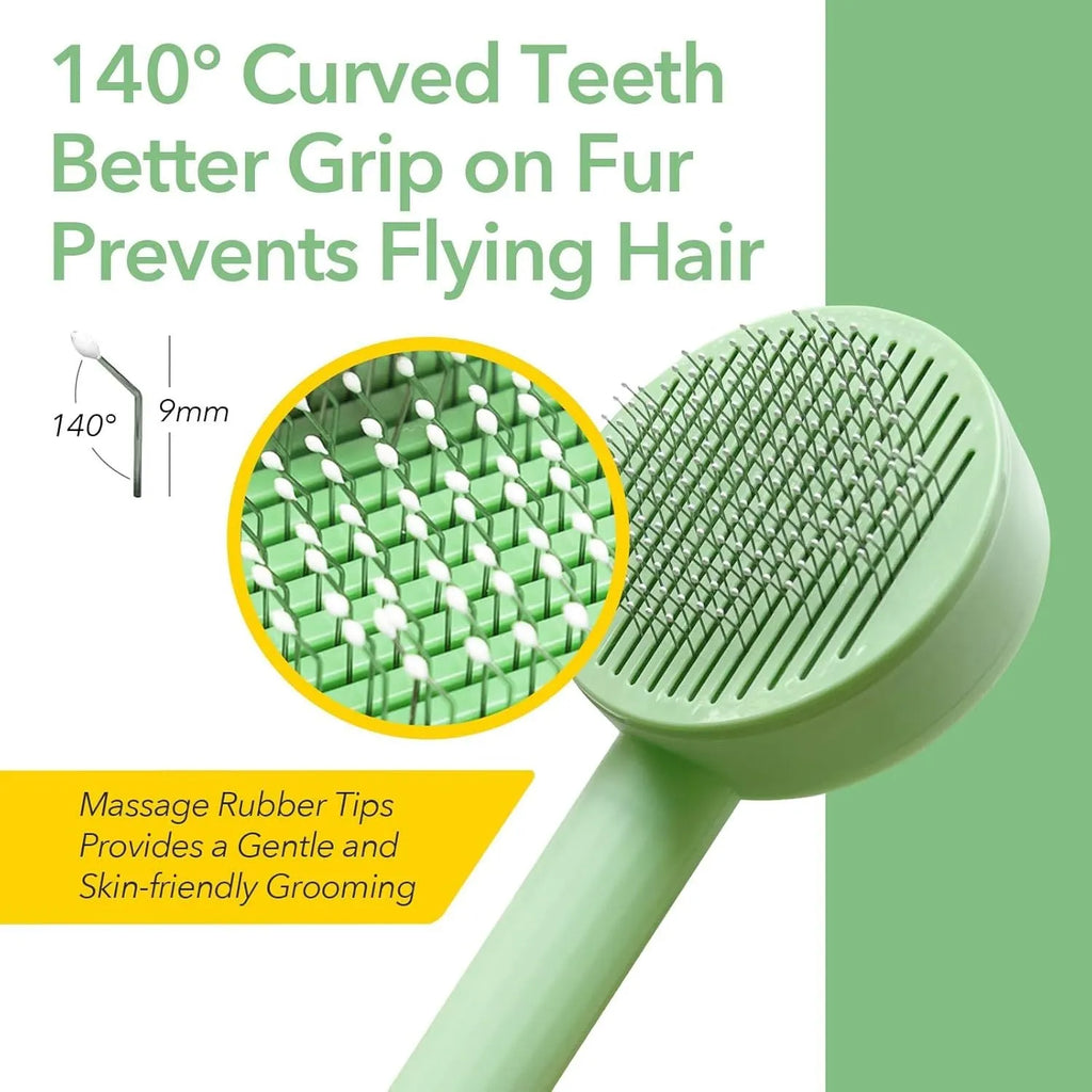 Green and yellow pet grooming brush with stainless steel teeth and hanging loop