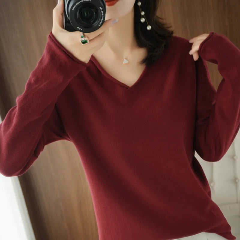 Women's V-neck long sleeve knitwear pullover top in a macaron colour, showcasing non-iron elegant style.