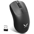 Black wireless mouse with three audio control buttons and scroll wheel