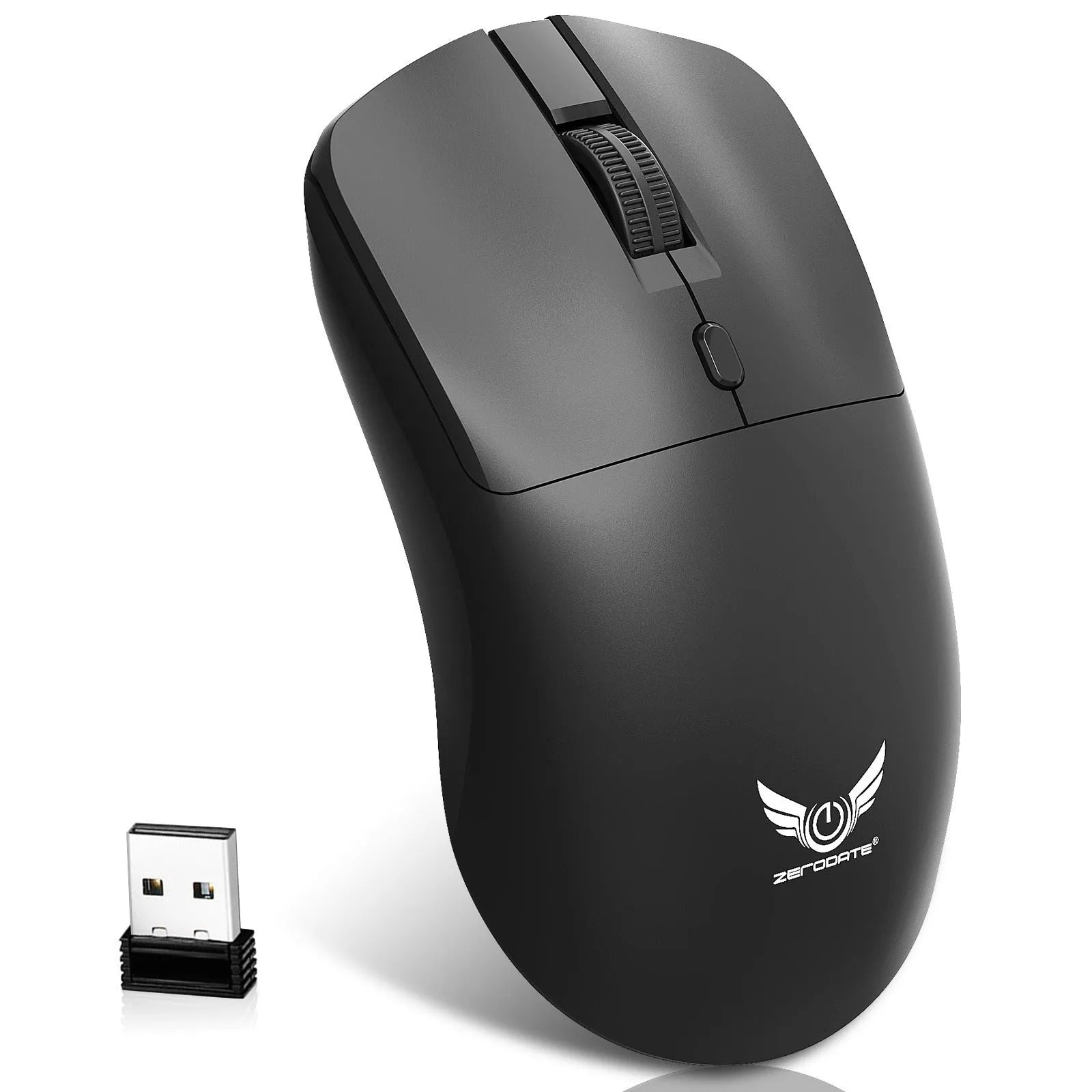 Black wireless mouse with three audio control buttons and scroll wheel