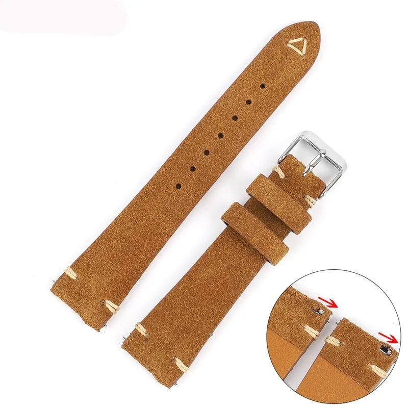 Genuine suede leather watch strap in ethnic style, showing colour options for 20mm and 22mm sizes.