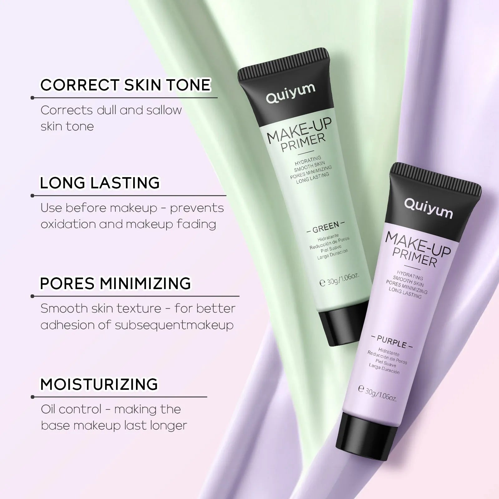 4 colour makeup primer compact showing green, pink, and purple colour correcting cream shades