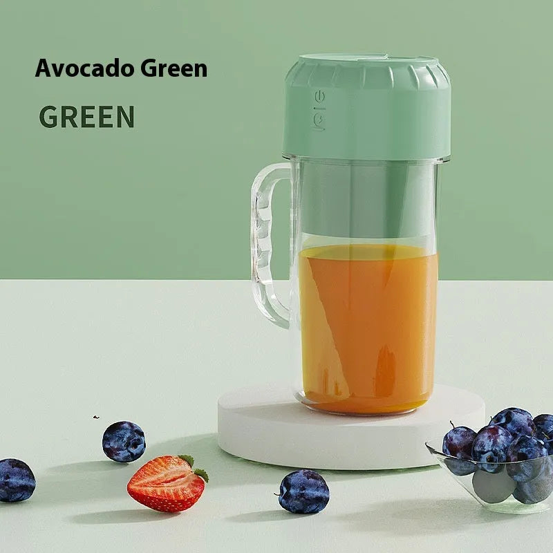Portable USB juicer in avocado green or cherry blossom pink with a 150W motor.
