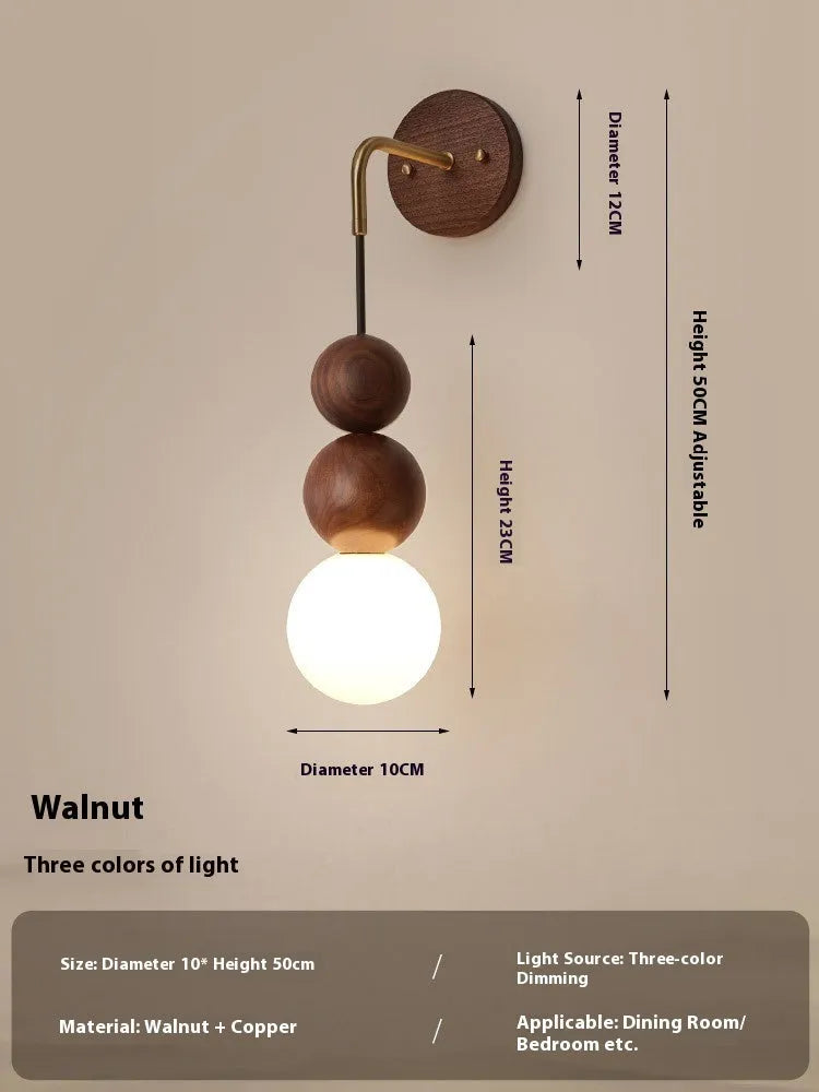 Wood copper wall lamp with circular 10cm diameter and tricolour lighting on suspension wire