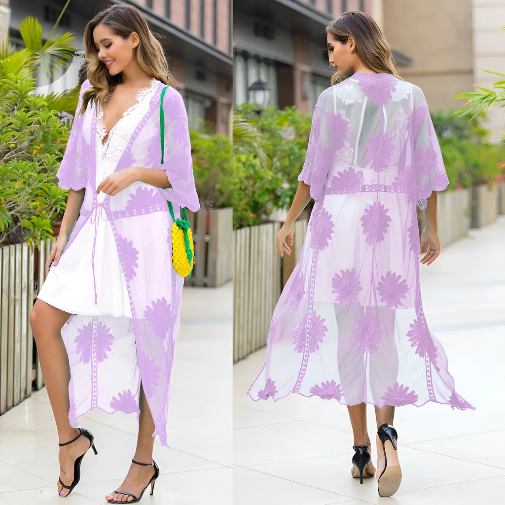 Light purple cotton-polyester beach dress cardigan with lace embroidery trim for swimming cover-up