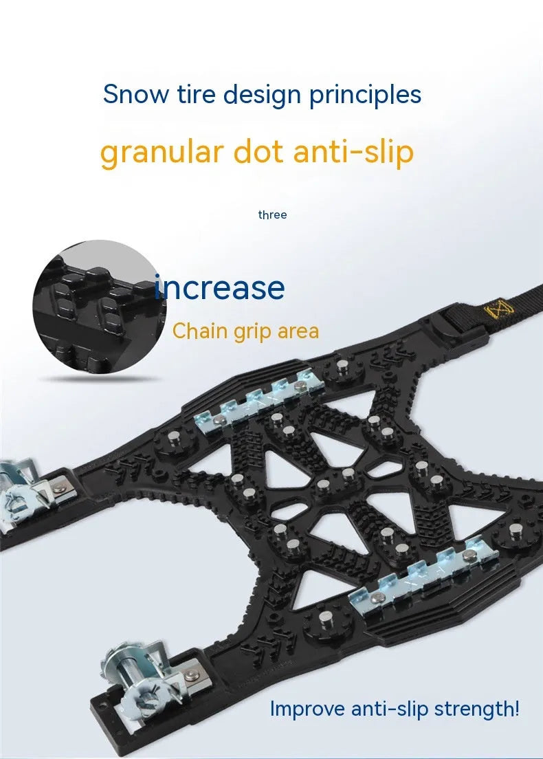 Universal plastic tyre chains with steel plate gear design for car and SUV winter driving
