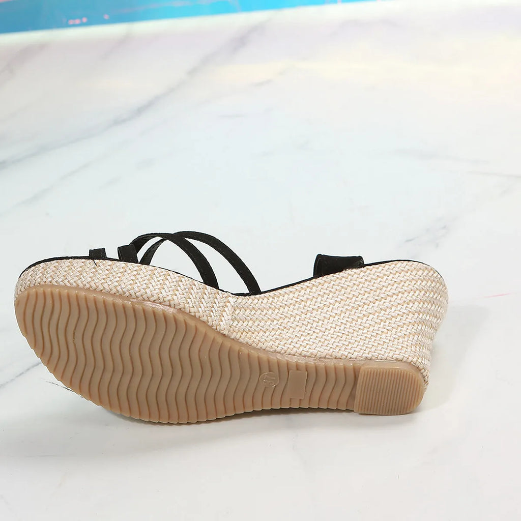 Women's wedge sandals with fish mouth toe design and cloth upper in black colour