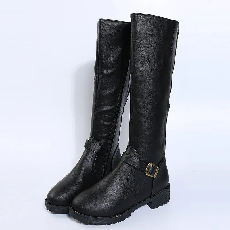 Yellow women's high-knee knight boots with a square heel, round toe, and a decorative buckle on the shaft.