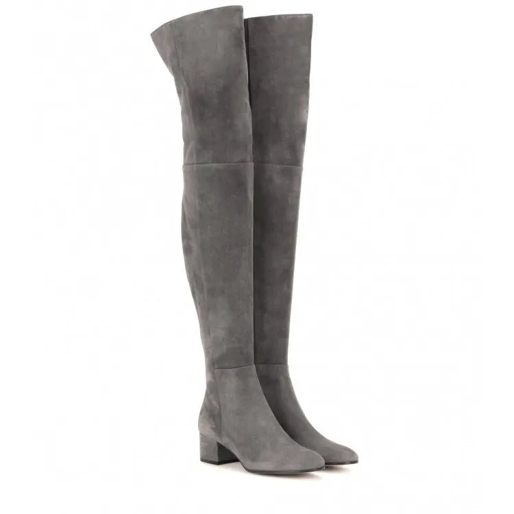 Grey suede women's over-the-knee boots with a pointed toe and flat low heel.