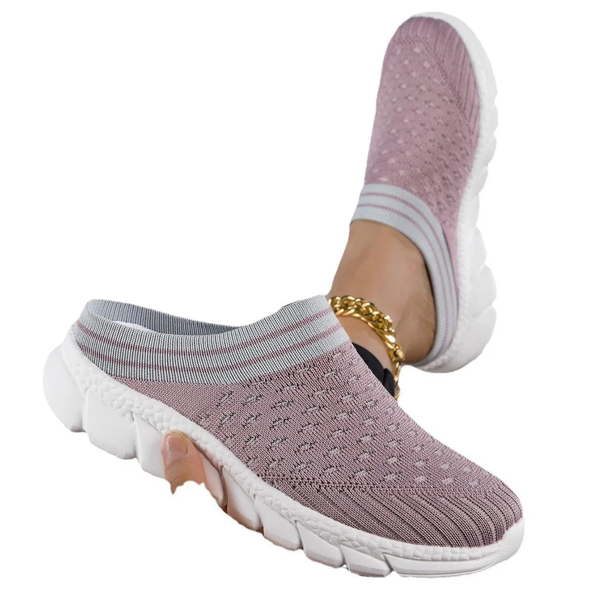 Women's black striped Flyknit socks semi slipper shoes with hollowed-out design and viscose sole.