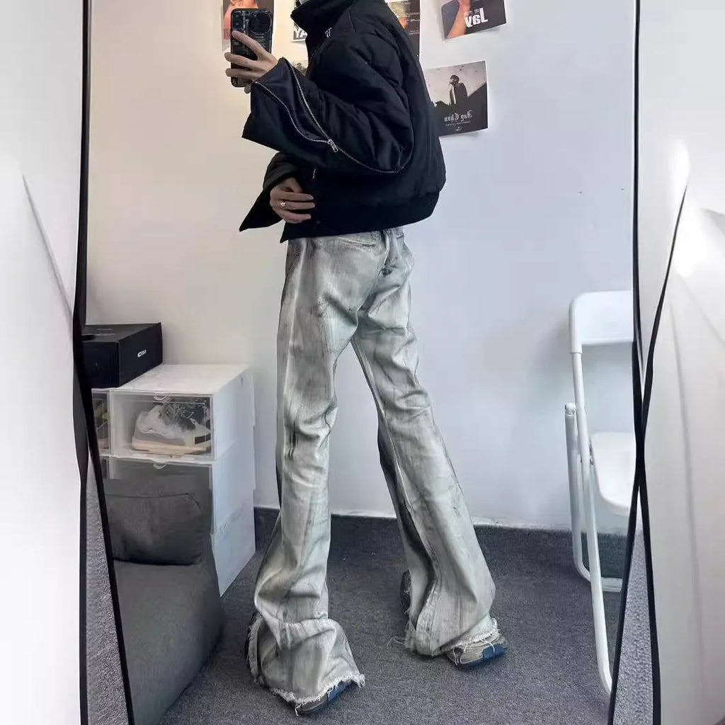 White heavy rough selvedge jeans with black ribbon gradient detailing and mid waist fit
