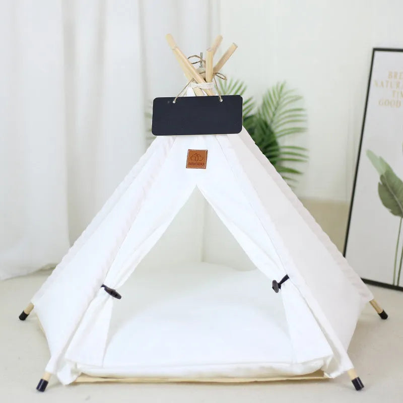 Portable pet teepee tent with cushion for small dogs cats rabbits in linen material