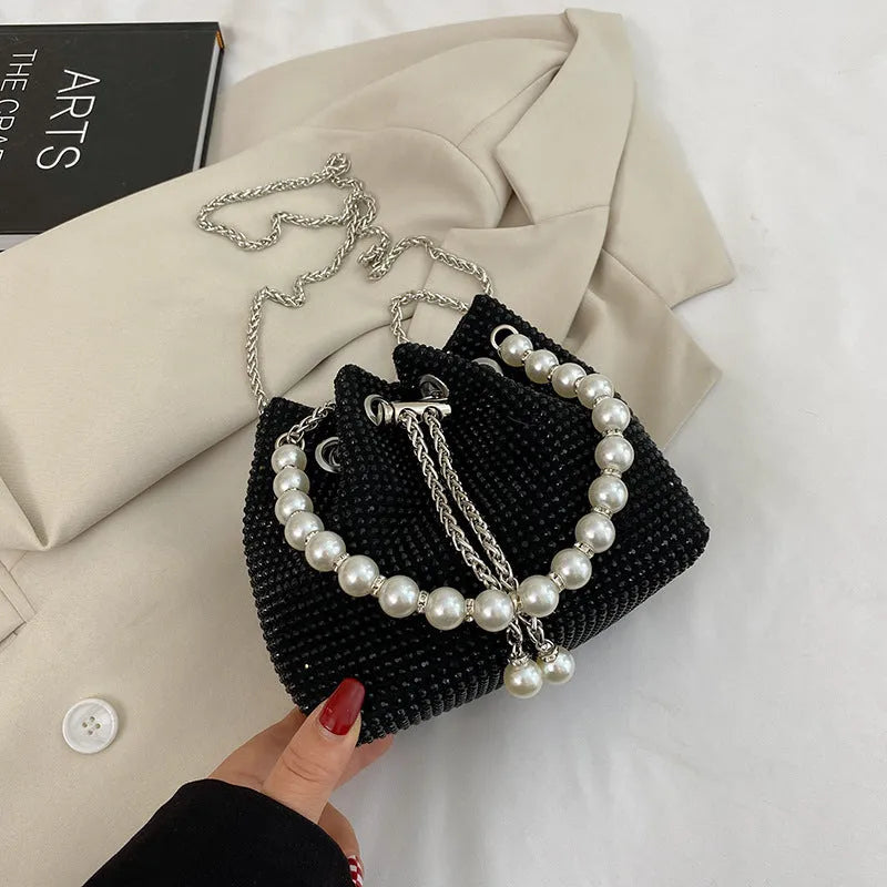 Light diamond western style chain crossbody shoulder bag in soft PU bucket design